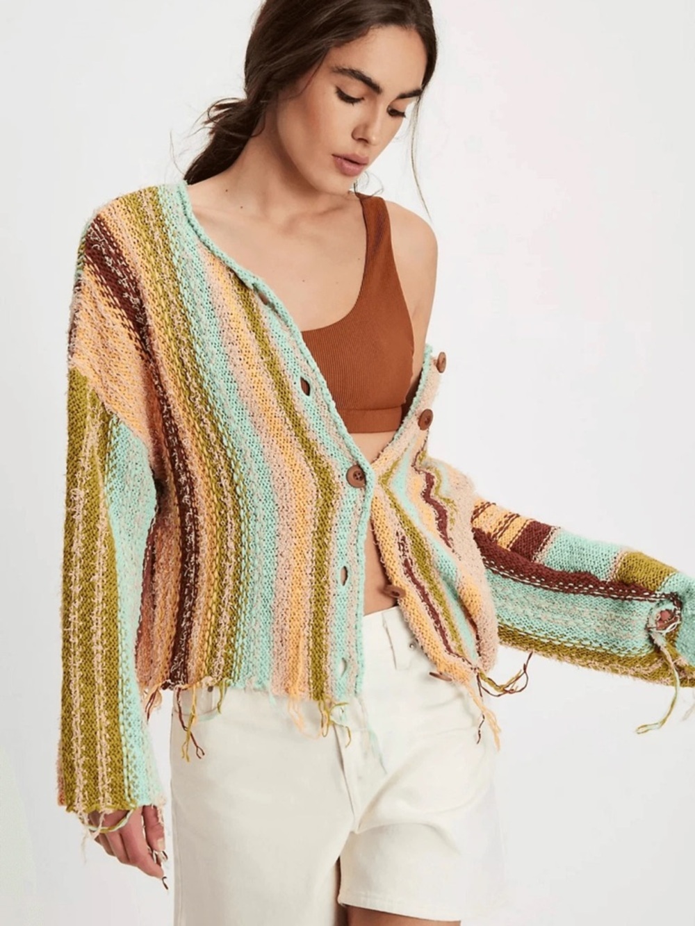 Free People Baja Cardigan MEDIUM Boho Relaxed Oversized Layering Frayed Beachy